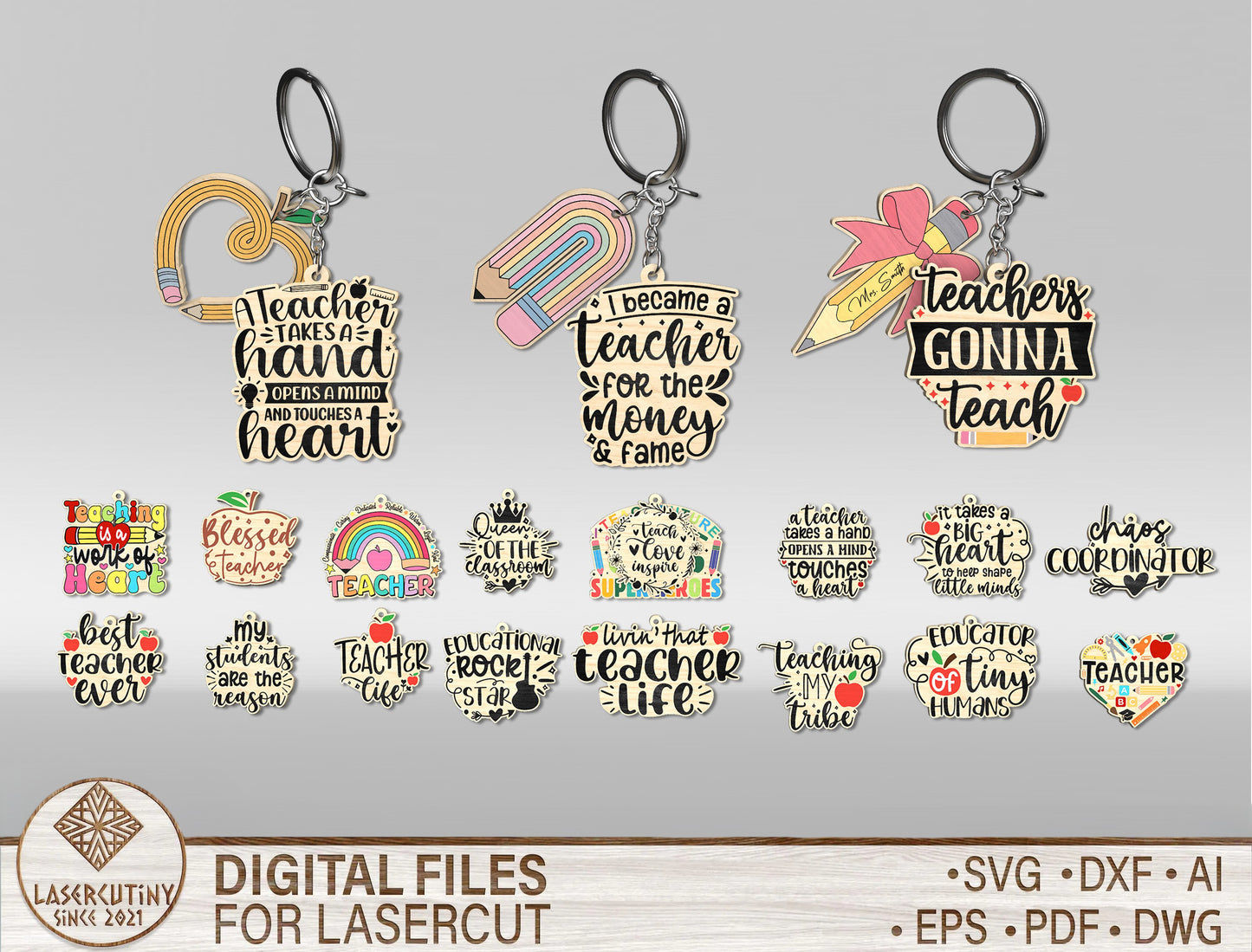 Teacher Keychain Bundle SVG Laser Cut File for Glowforge and xTool