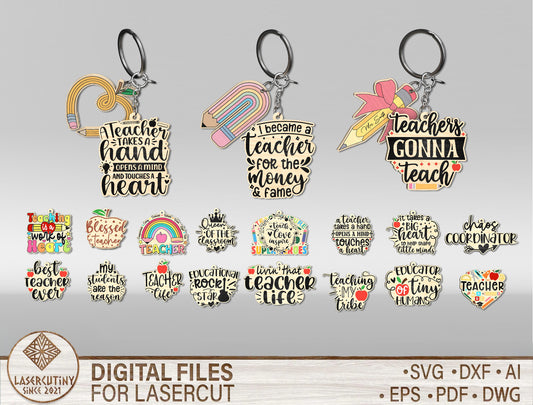 Teacher Keychain Bundle SVG Laser Cut File for Glowforge and xTool