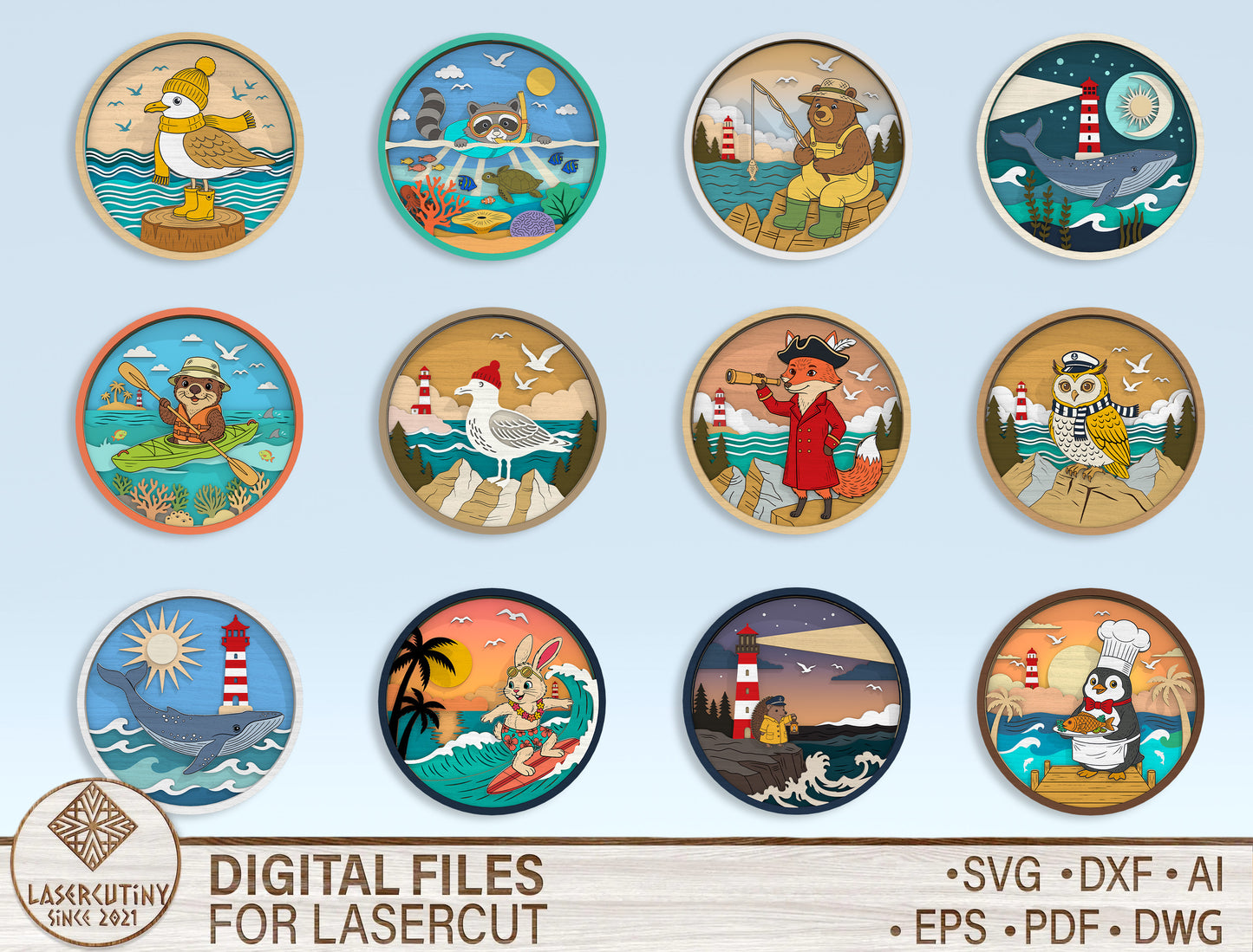 Multilayer Coastal Animal SVG Bundle Laser Cut File for LightBurn