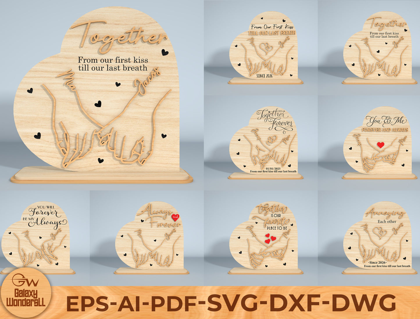 Personalized Holding Hands Heart Laser Cut File Bundle | Romantic Couple Decor | Valentine Wooden Art | Glowforge, xTool, LightBurn, etc.