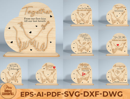 Personalized Holding Hands Heart Laser Cut File Bundle | Romantic Couple Decor | Valentine Wooden Art | Glowforge, xTool, LightBurn, etc.