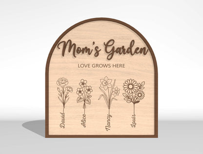 Personalized Mom Garden Sign SVG Birth Month Flower Laser Cut File for Glowforge and LightBurn