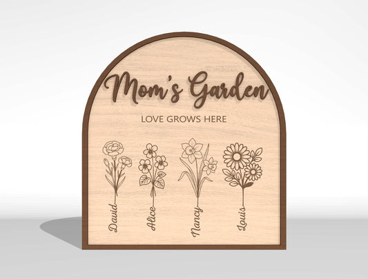 Personalized Mom Garden Sign SVG Birth Month Flower Laser Cut File for Glowforge and LightBurn