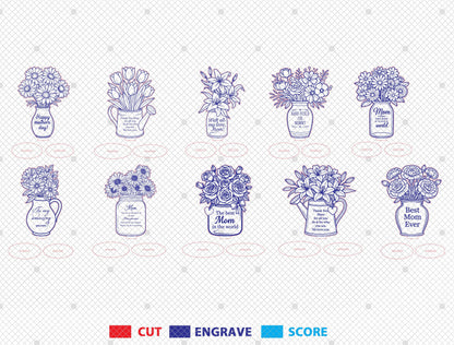Mother's Day Flower Vase Decor Bundle SVG Laser Cut File for Glowforge and LightBurn
