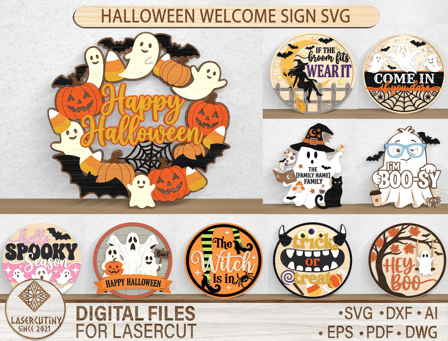 Halloween Welcome Sign SVG Bundle 10 Designs for LightBurn Glowforge xTool