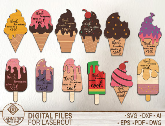 Teacher Ice Cream Card Holder Bundle SVG Laser Cut File for Glowforge and xTool