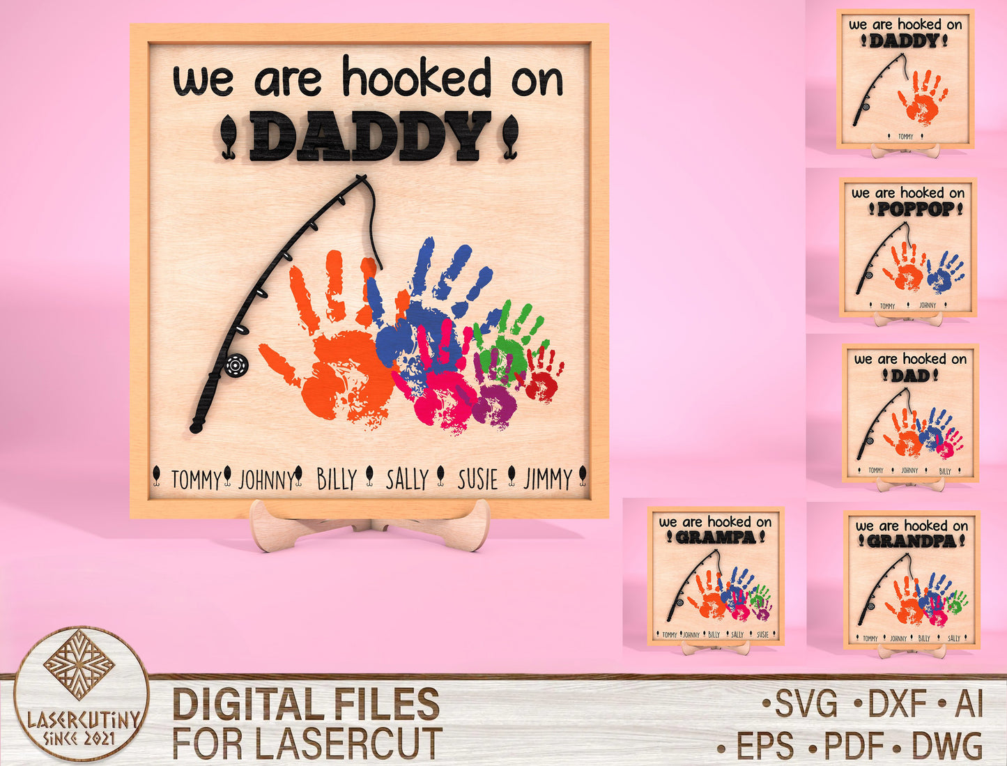 Personalized Fishing Handprint Dad Sign SVG Laser Cut File for Glowforge and LightBurn