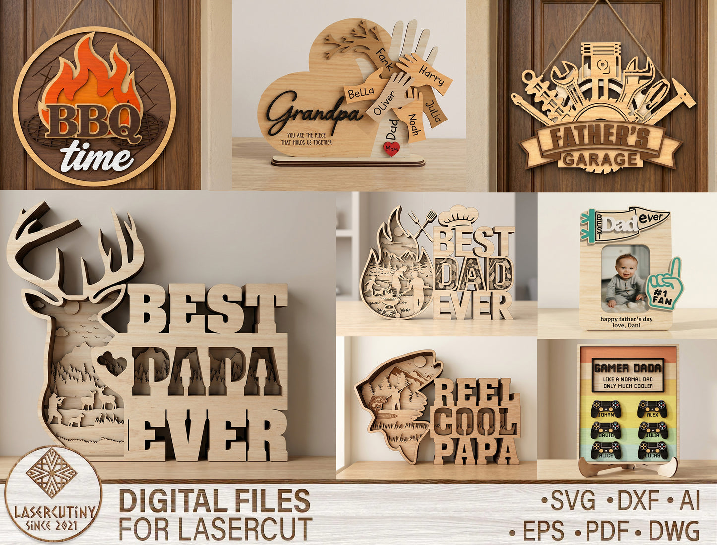Father's Day Laser Cut SVG Bundle 8 Designs Glowforge xTool LightBurn