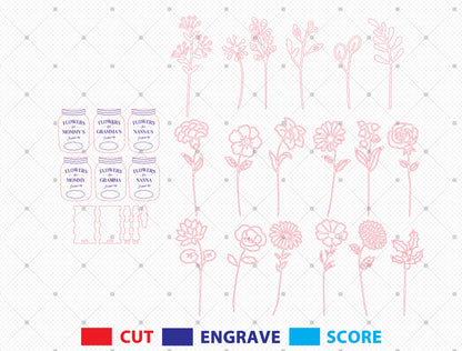 Mother’s Day Month Flower Jar Laser Cut File Bundle | 12 Monthly Flowers | Layered Wooden Decor | Glowforge, xTool, LightBurn, etc.