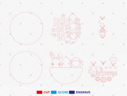 Easter Bunny Chick Door Sign SVG Hop On In Welcome Bundle for LightBurn