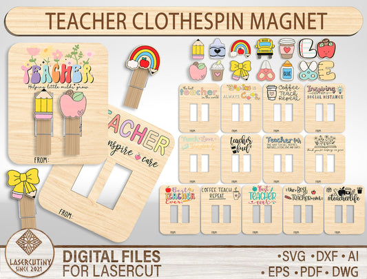 Teacher Clothespin Magnet Bundle SVG Laser Cut File for Glowforge and xTool