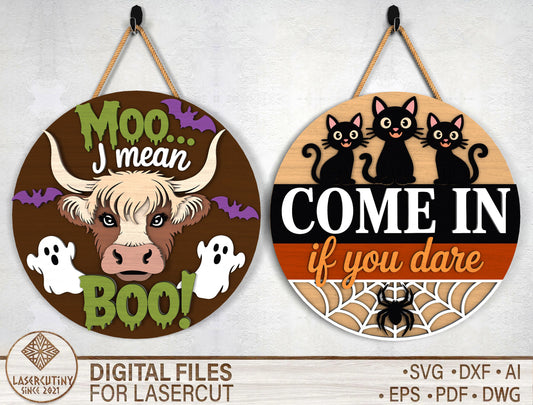 Funny Highland Cow Halloween Door Sign SVG Laser Cut File for Glowforge and xTool