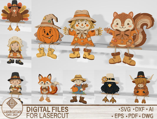 Thanksgiving Fall Shelf Sitter SVG Bundle for Glowforge xTool LightBurn 10 Designs