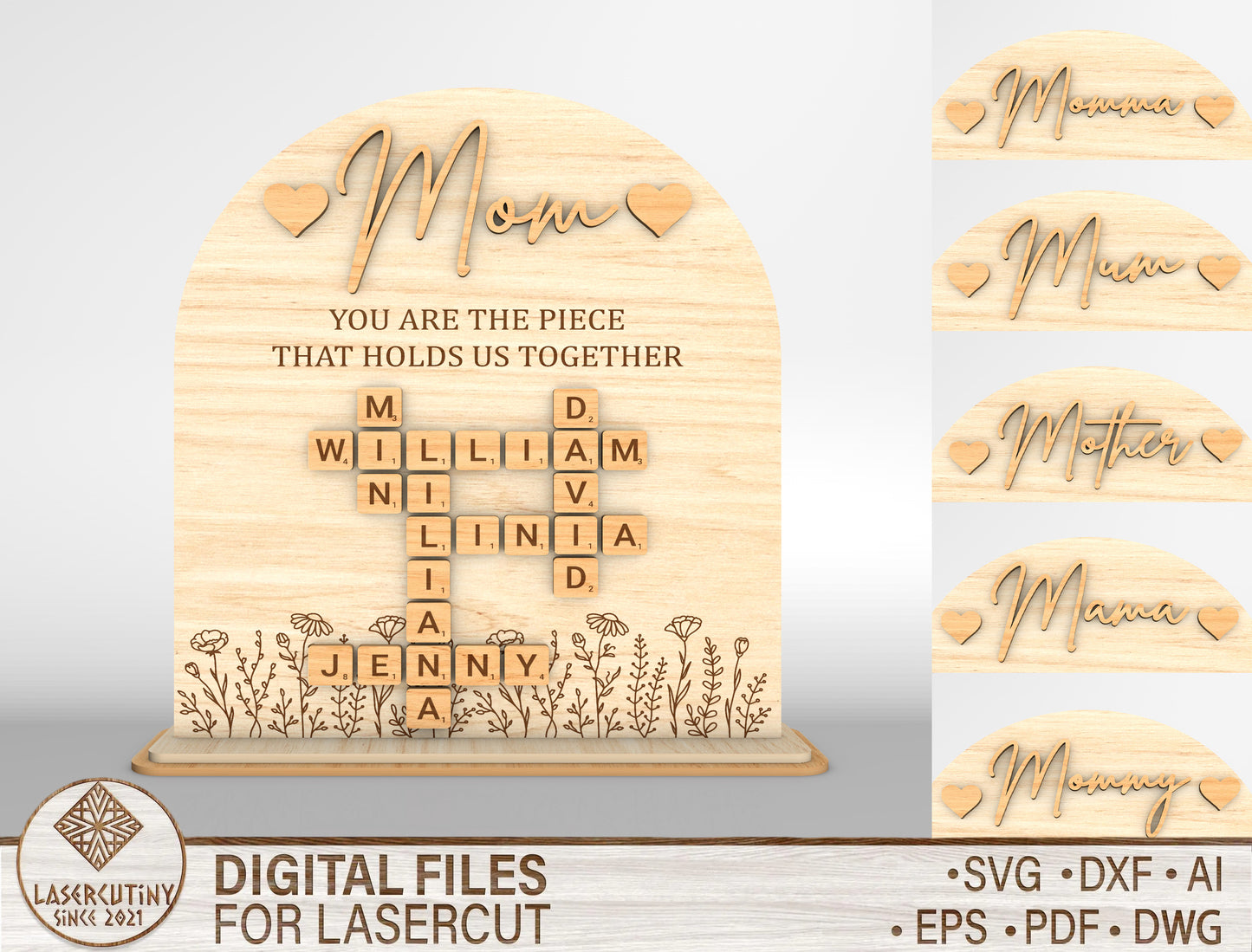 Personalized Mom Crossword Sign SVG for Glowforge and LightBurn