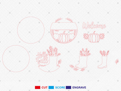 Welcome Pumpkin and Hello Fall Boots Door Hanger SVG Set for Glowforge xTool LightBurn 2 Designs