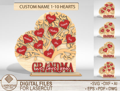 Personalized Grandma Family Tree SVG Custom Name Heart Sign for xTool and Glowforge