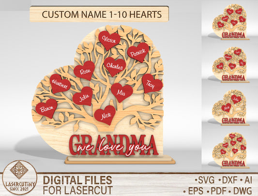 Personalized Grandma Family Tree SVG Custom Name Heart Sign for xTool and Glowforge
