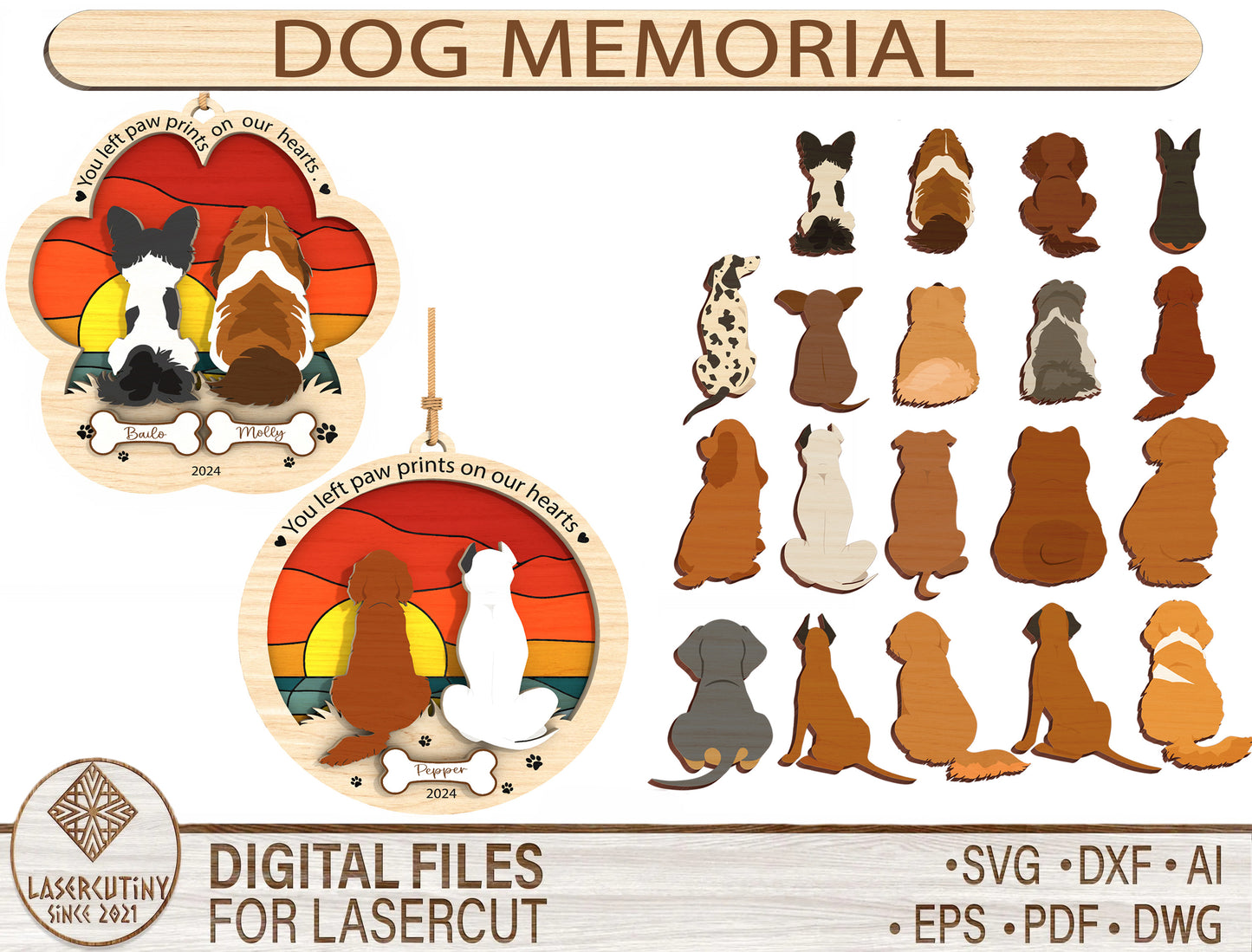 Dog Memorial Ornament SVG Bundle Multilayer Pet Laser Cut File for Glowforge, xTool, or LightBurn
