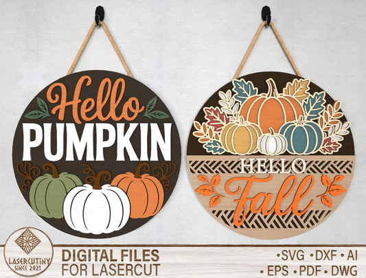 Hello Pumpkin Hello Fall Door Hanger SVG Set for Glowforge xTool LightBurn 2 Designs