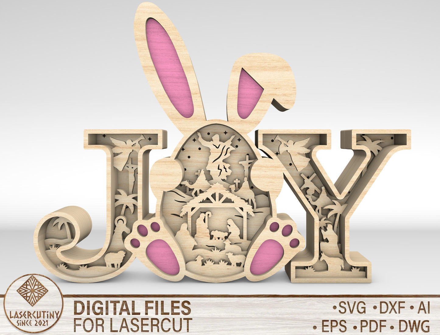 JOY Easter Bunny Multilayer Nativity Scene SVG for LightBurn and Glowforge