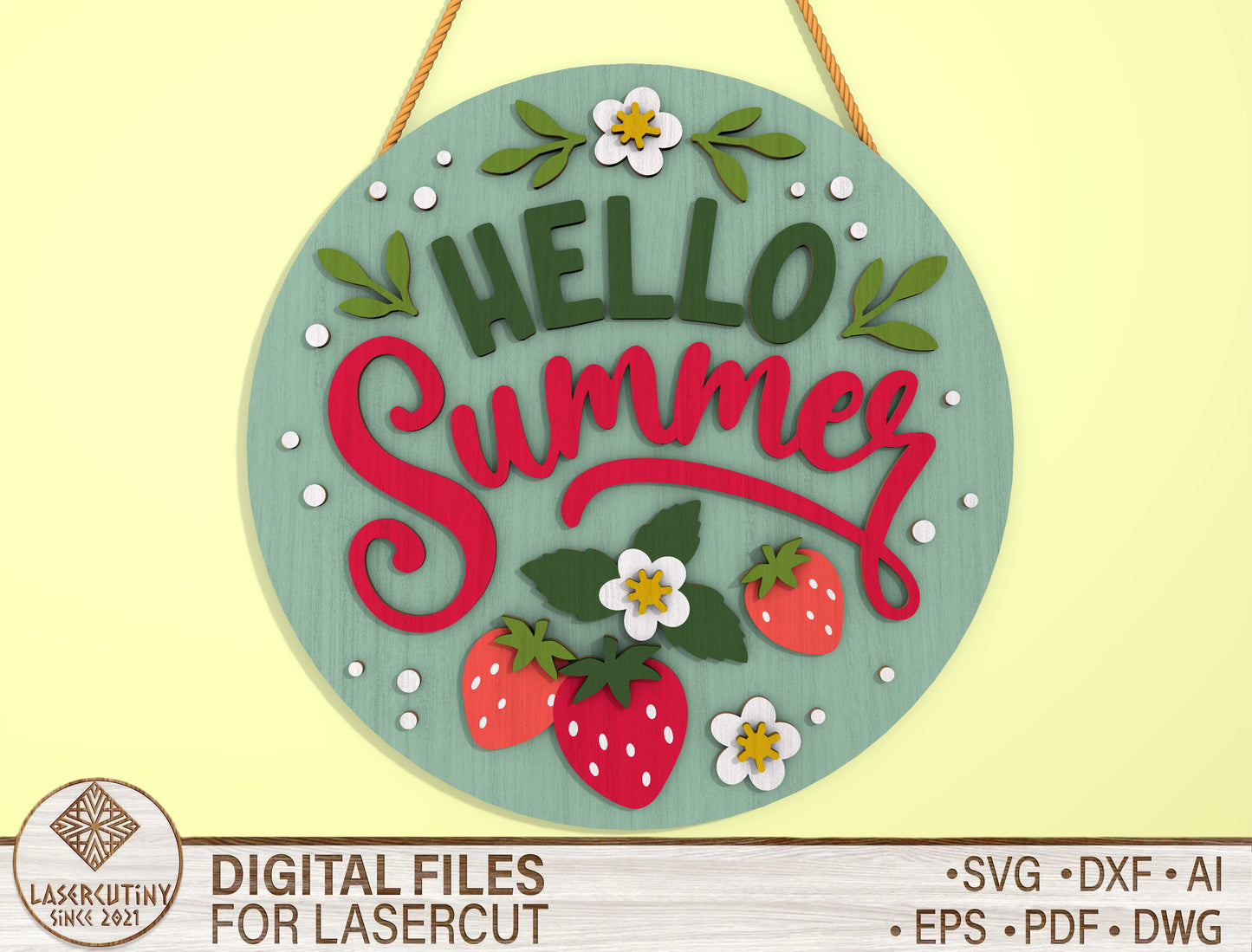 Hello Summer Strawberry Door Hanger SVG Laser Cut File for Glowforge and xTool