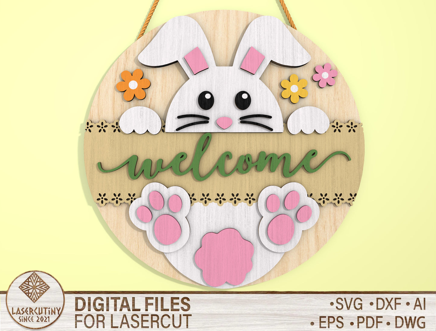 Bunny Welcome Round Door Sign SVG Easter Day Decor for LightBurn and xTool