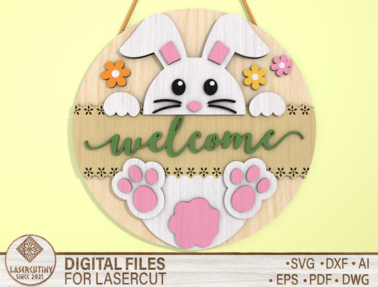 Bunny Welcome Round Door Sign SVG Easter Day Decor for LightBurn and xTool