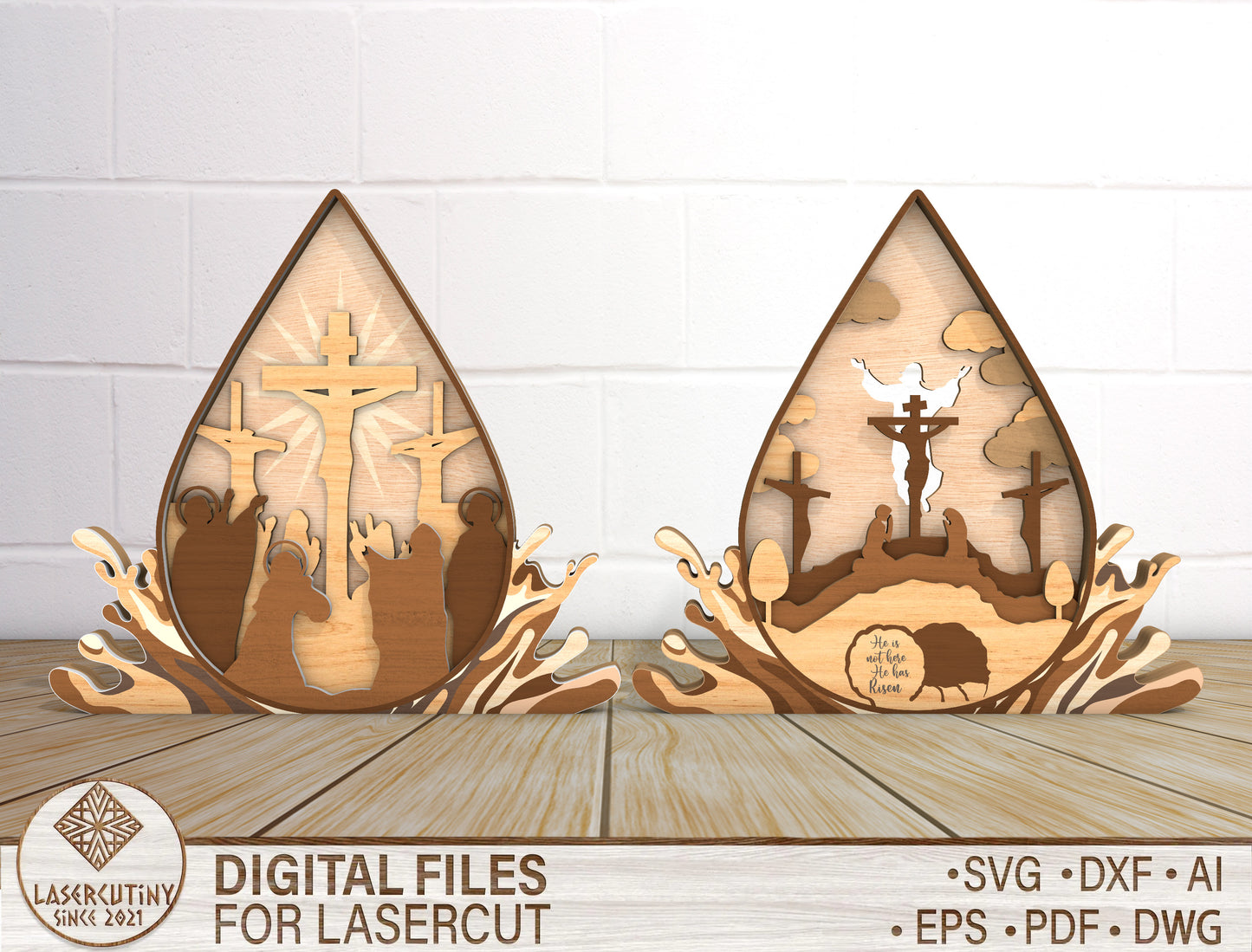 Multilayer Christian Easter He Is Risen Cross Scene SVG for Glowforge