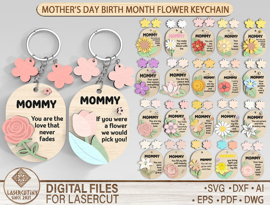 Birth Month Flower Mom Keychain SVG Bundle for Glowforge and xTool