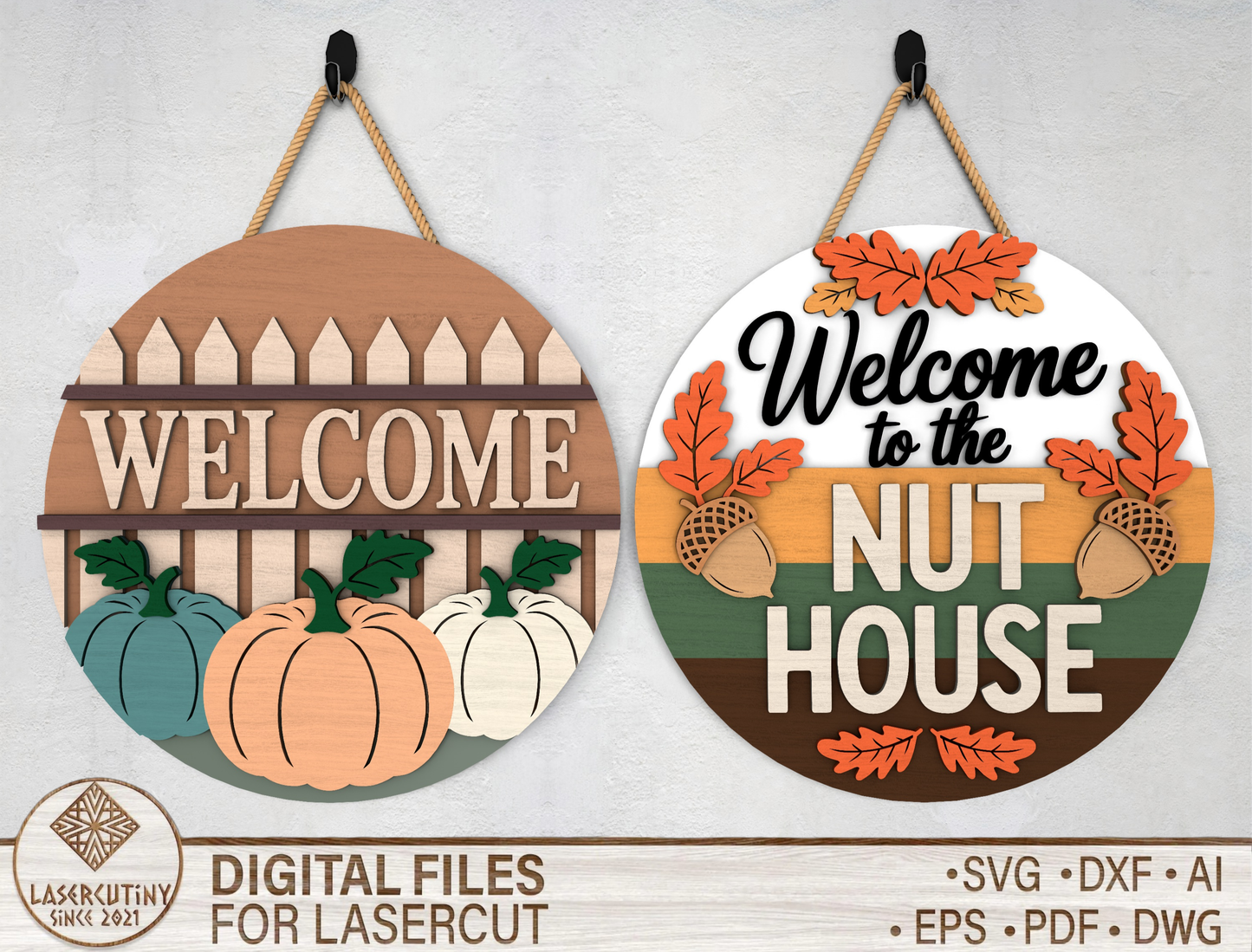 Welcome Pumpkin Fence and Nut House Door Hanger SVG Set for Glowforge xTool LightBurn 2 Designs