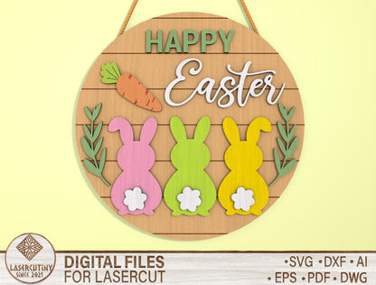 Happy Easter Bunny Round Door Sign SVG Layered Decor for Glowforge