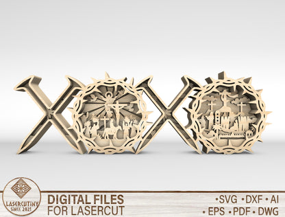 XOXO Cross Scene Multilayer SVG Wooden Faith Decor for LightBurn and Glowforge