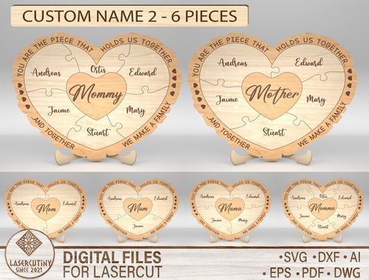Custom Name Mom Puzzle Heart Sign SVG for Glowforge and xTool