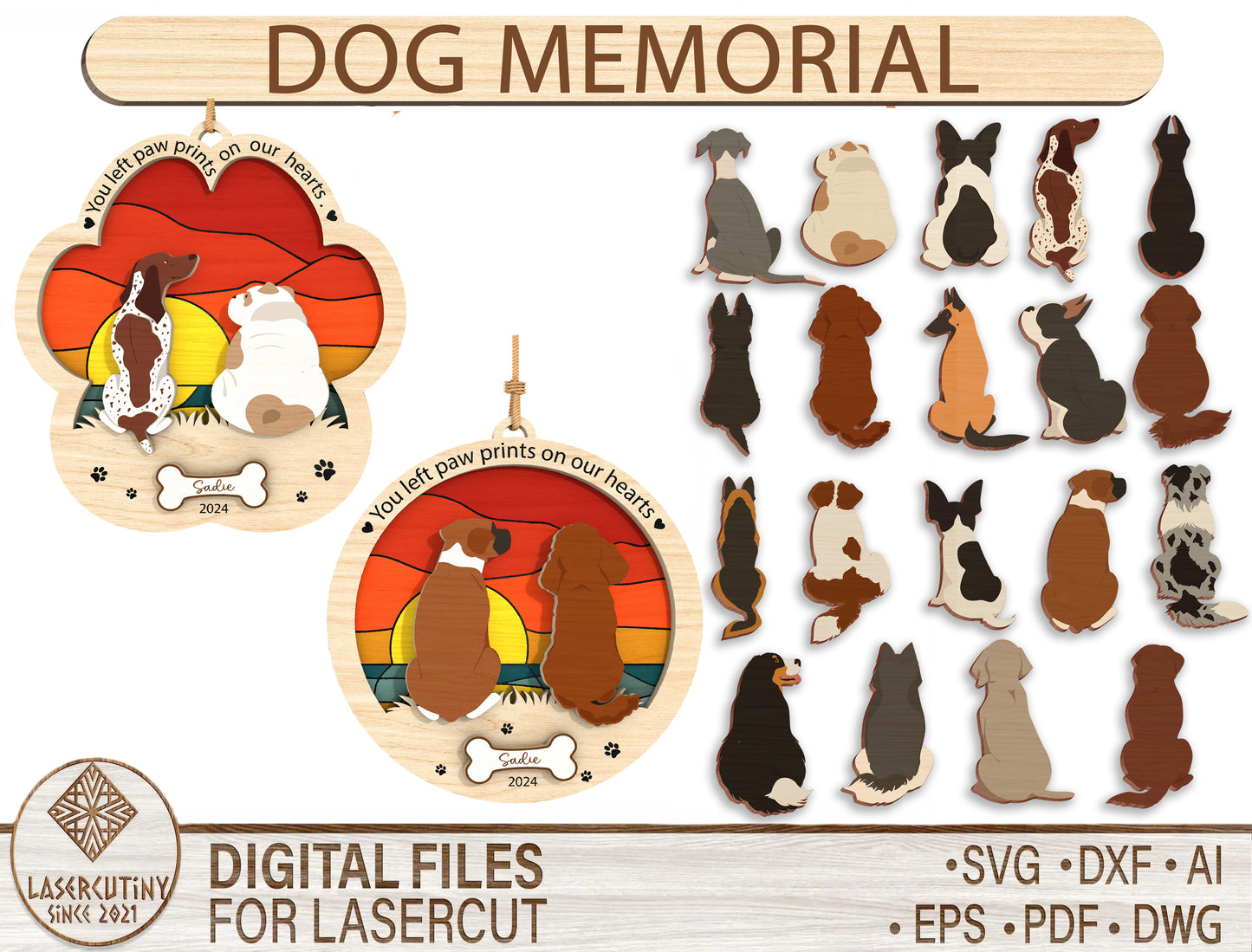 Dog Memorial Ornament SVG Bundle Pet Silhouette Laser Cut File for Glowforge, xTool