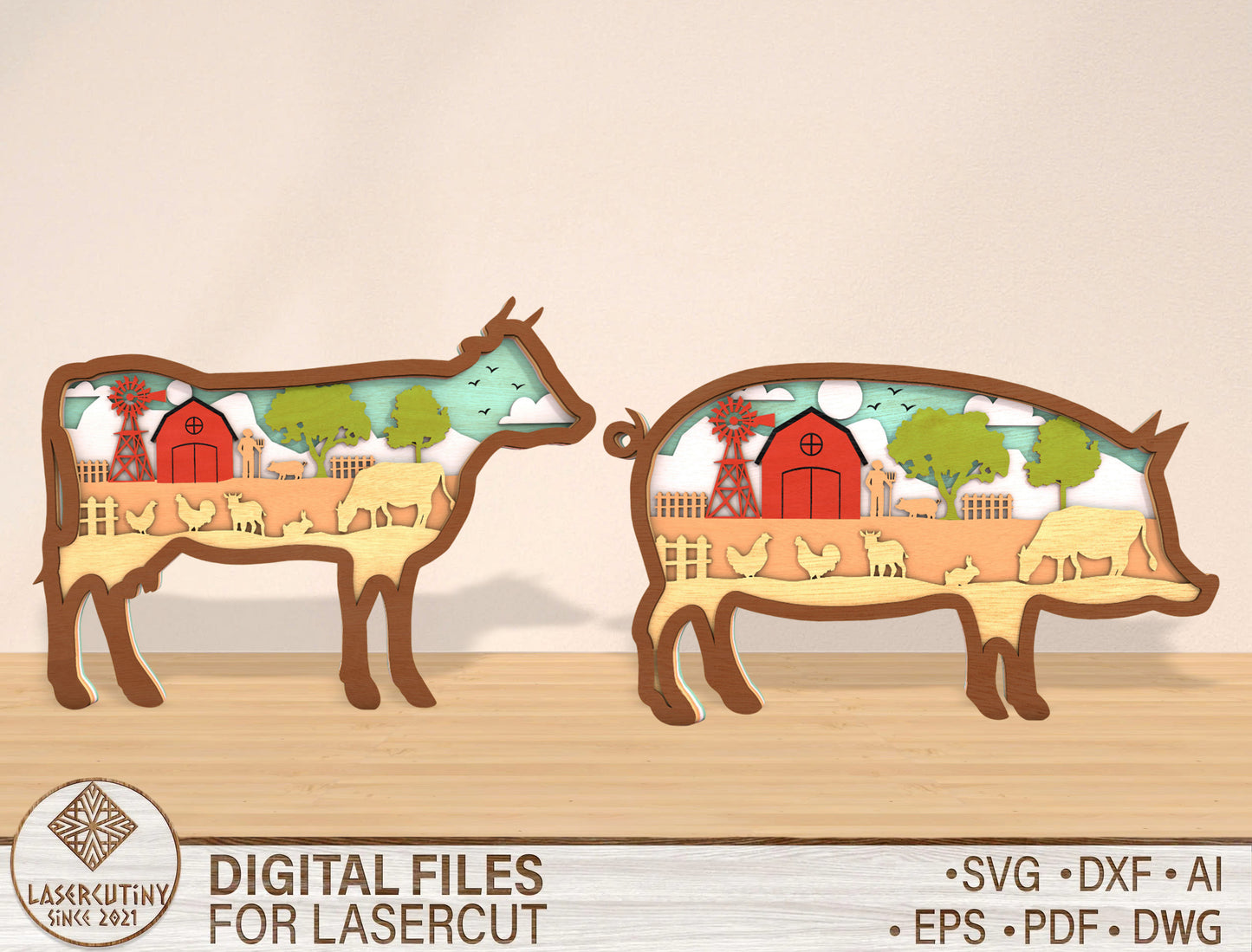 Multilayer Farm Animal Scene SVG Laser Cut File for Glowforge and xTool