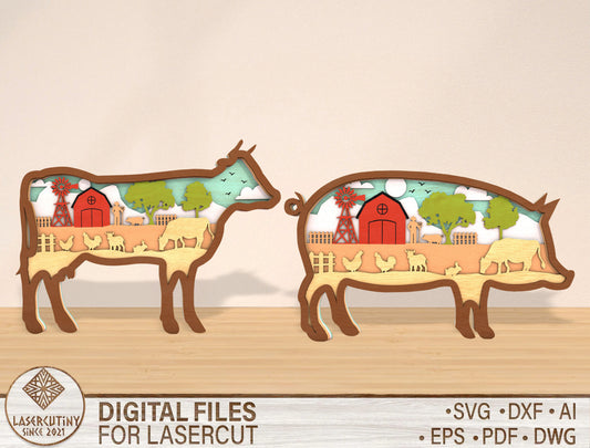 Multilayer Farm Animal Scene SVG Laser Cut File for Glowforge and xTool