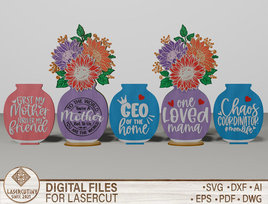 Floral Mom Vase Tabletop Decor SVG Mother's Day for Glowforge