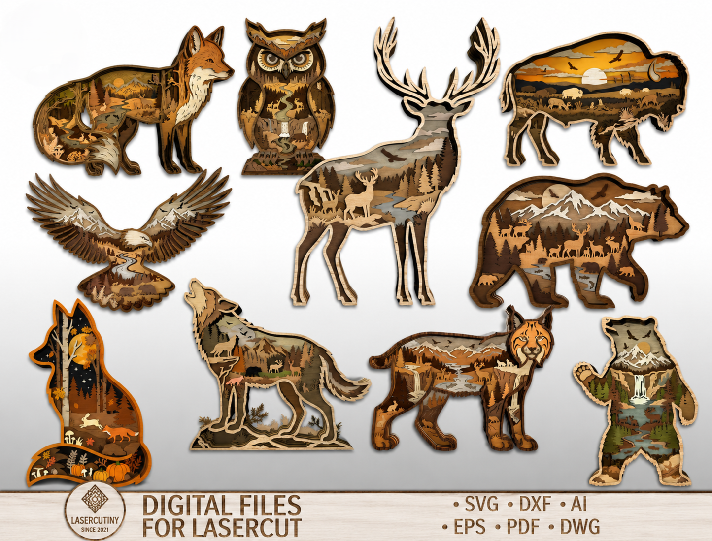 Wildlife Multilayer SVG Bundle 10 Designs for Glowforge xTool LightBurn