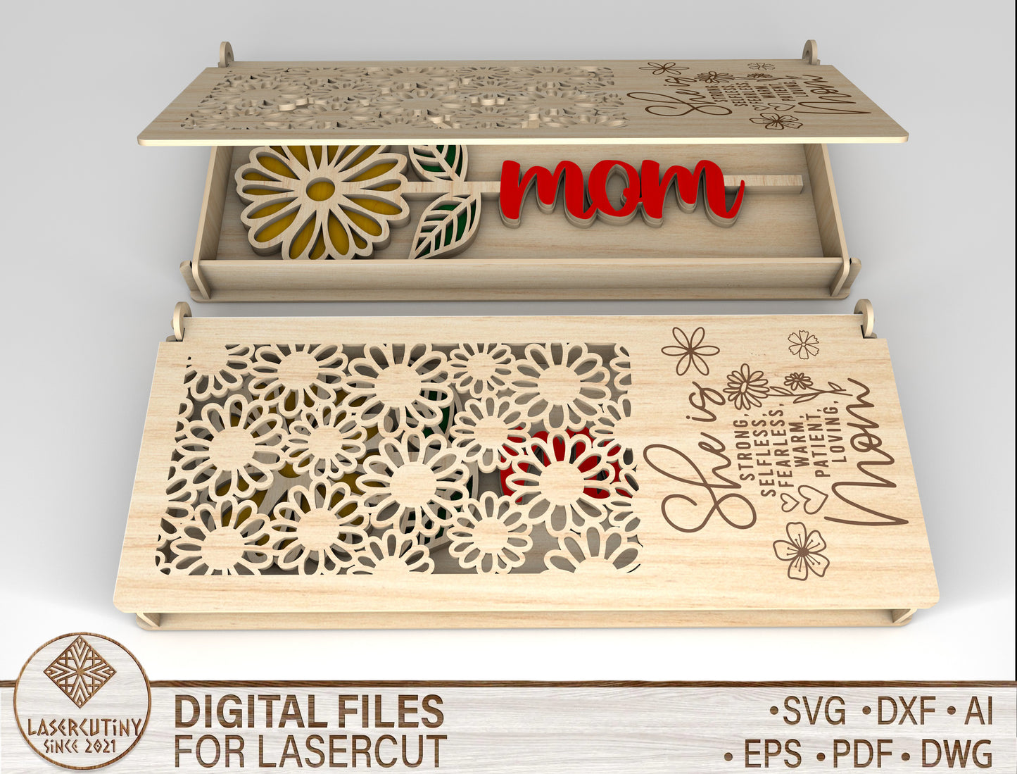 Mom Flower Box SVG Floral Lid Hidden Message for LightBurn