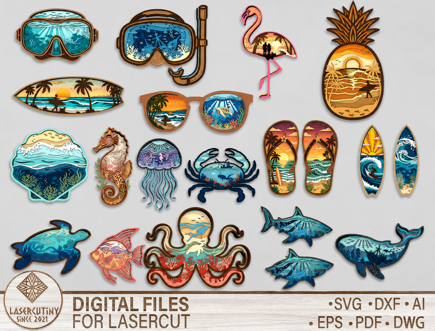 Summer Ocean SVG Bundle – 20 Multilayer Laser Cut Files for Glowforge, xTool & LightBurn