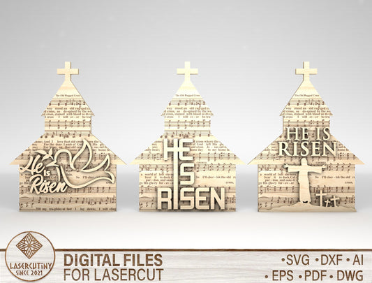 Christian Church Tabletop Sign Set – Easter Day He Is Risen Decor – Laser Cut File – 3 Designs – Glowforge, xTool, LightBurn