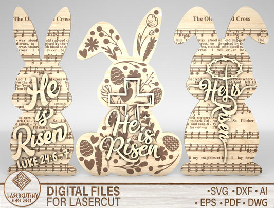 Christian Bunny Tabletop Sign Set – Easter Day He Is Risen Decor – Laser Cut File – 3 Designs