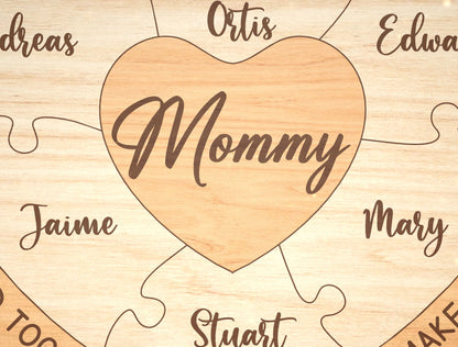 Custom Name Mom Puzzle Heart Sign SVG for Glowforge and xTool