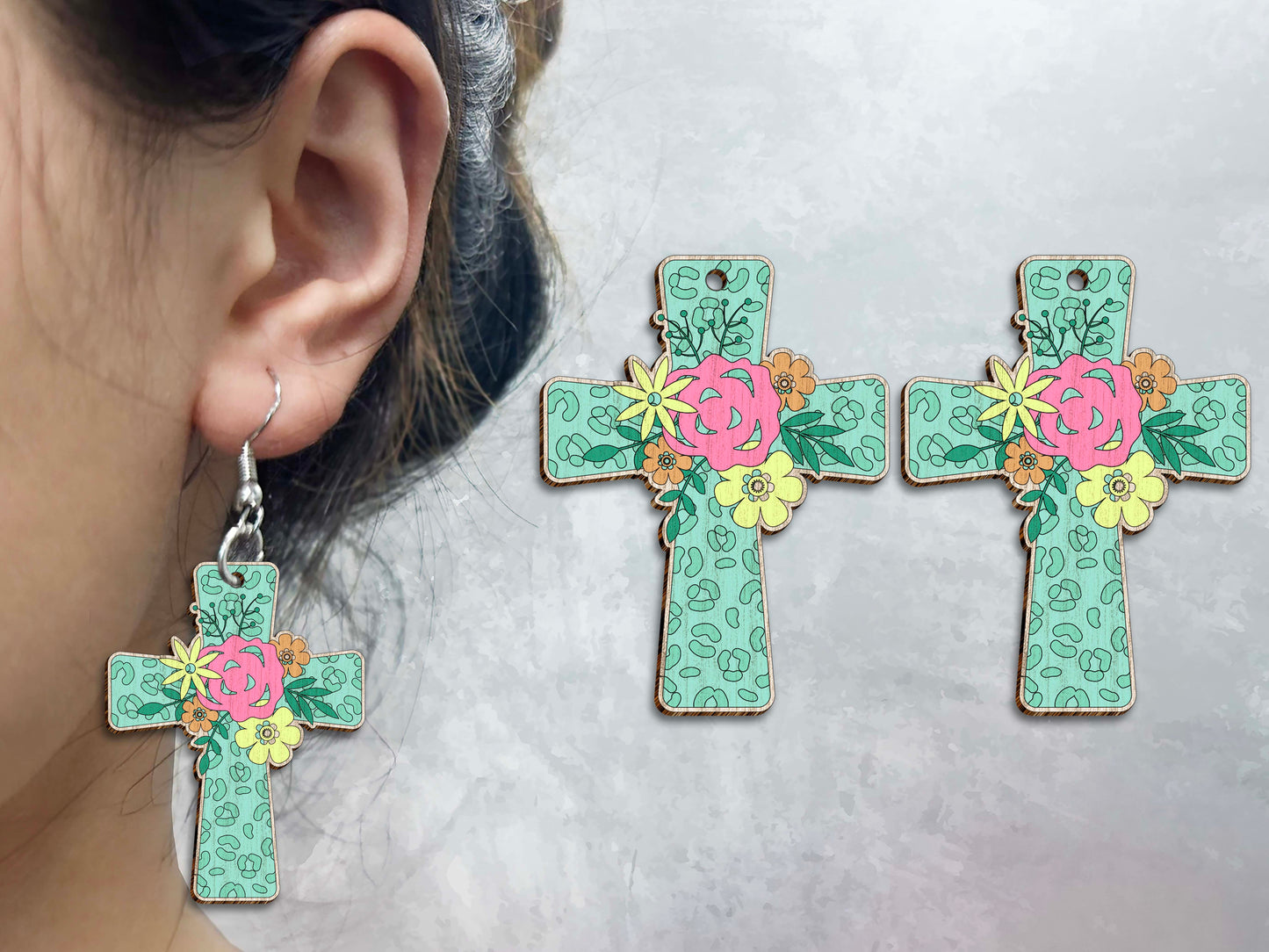 Floral Cross Earrings SVG Spring Flower Easter Jewelry for Glowforge