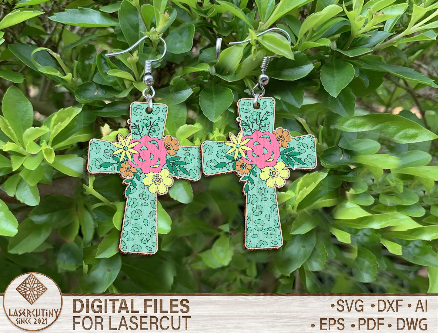 Floral Cross Earrings SVG Spring Flower Easter Jewelry for Glowforge