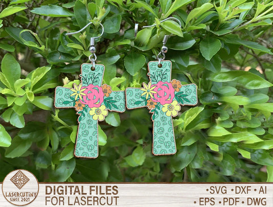 Floral Cross Earrings Laser Cut File – Wooden Easter Jewelry SVG – Spring Flower Cross Dangle Earrings