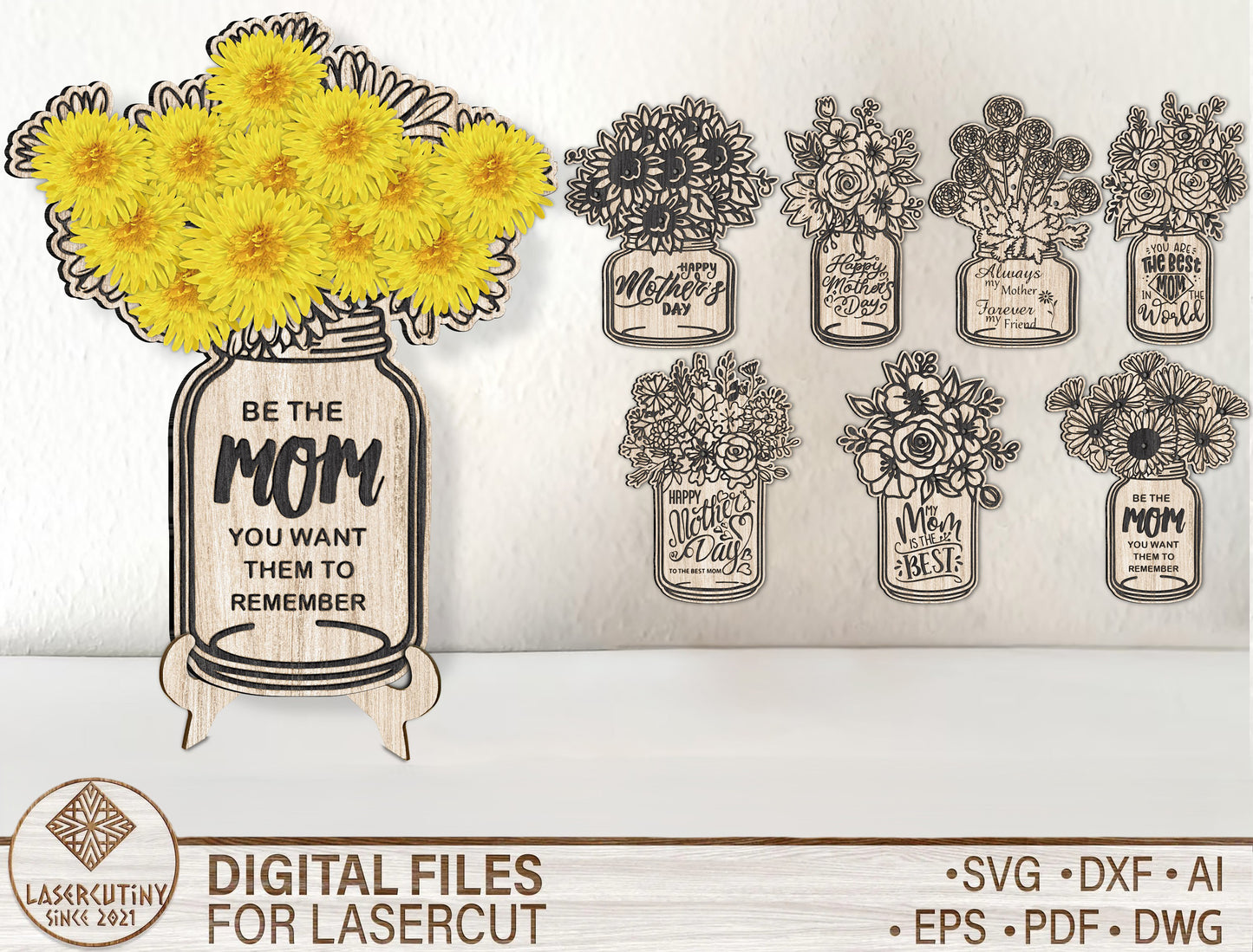 Mason Jar Flower Holder SVG Engraved for LightBurn and Glowforge