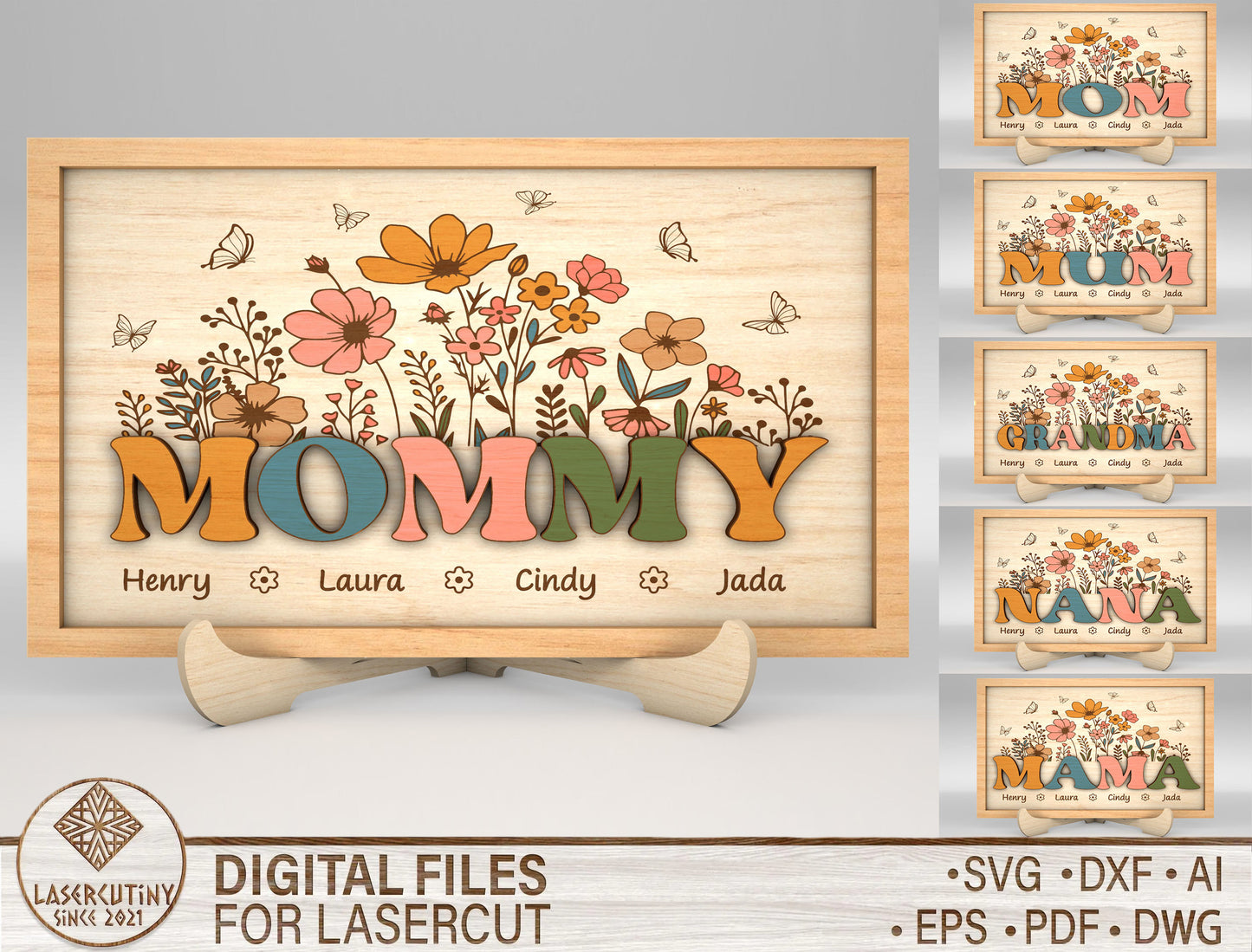 Custom Name Floral Mommy Sign SVG for Glowforge and LightBurn