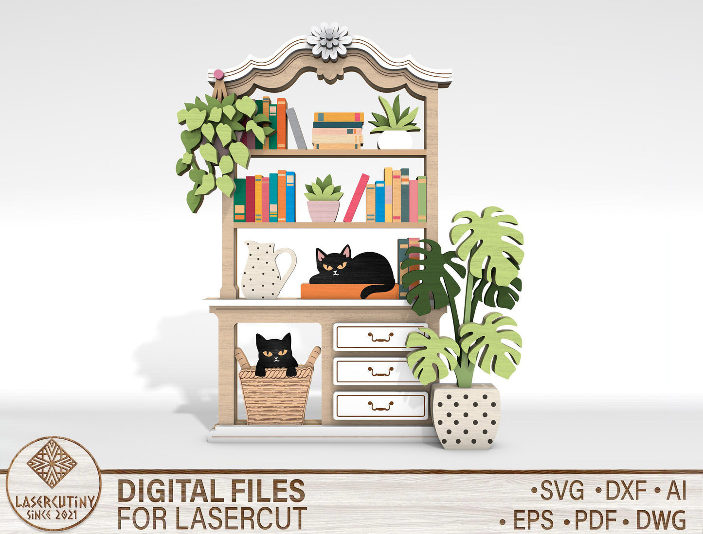 Cat Bookshelf SVG Multilayer Laser Cut File for Glowforge and LightBurn
