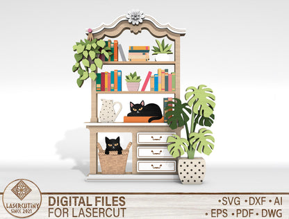 Cat Bookshelf SVG Multilayer Laser Cut File for Glowforge and LightBurn